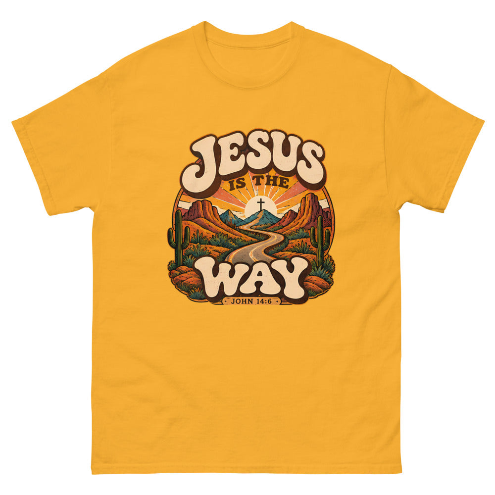 Retro groovy desert badge with a winding road to a cross reading Jesus Is The Way on a Gold shirt