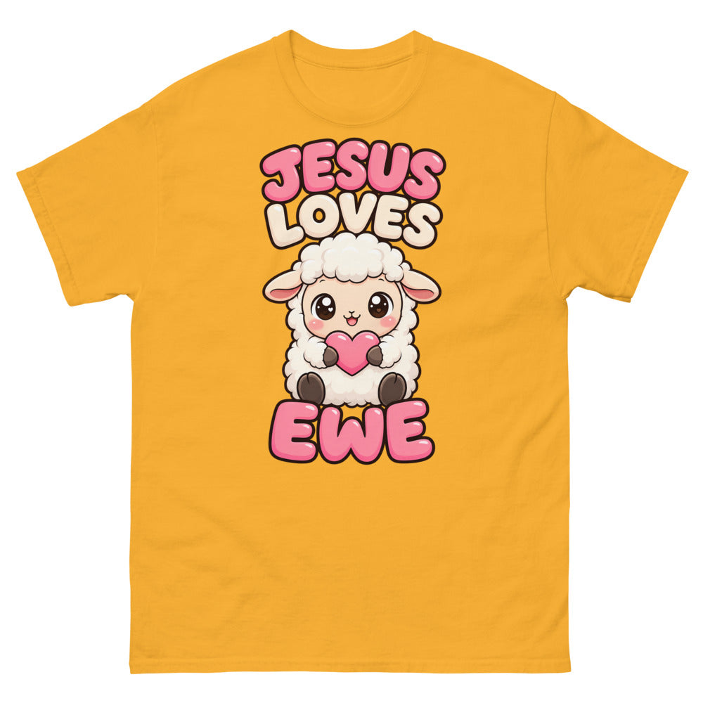 Cartoon lamb holding a heart with the words Jesus Loves Ewe on a Gold shirt