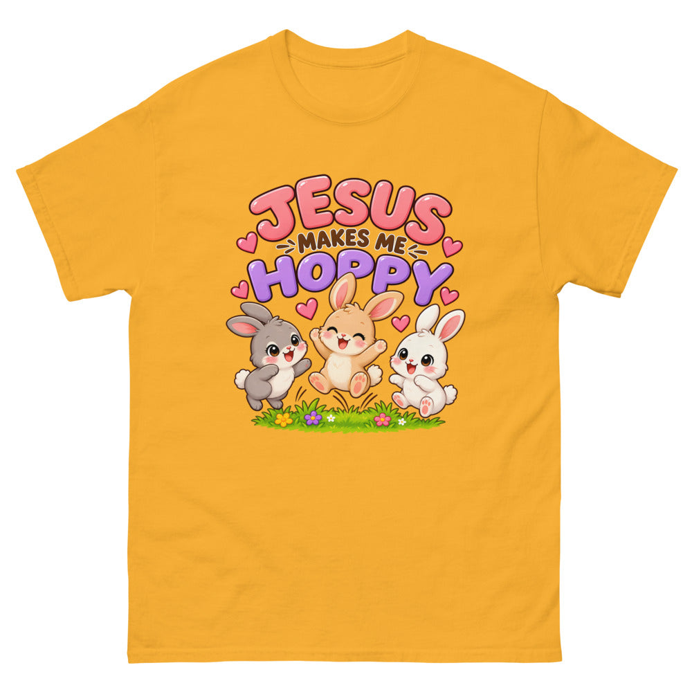 Three cartoon bunnies jumping with the words Jesus Makes Me Hoppy on a Gold shirt