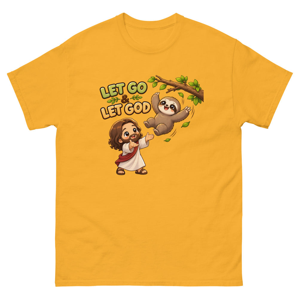 Cartoon sloth falling from a branch toward Jesus with the words Let Go And Let God on a Gold shirt