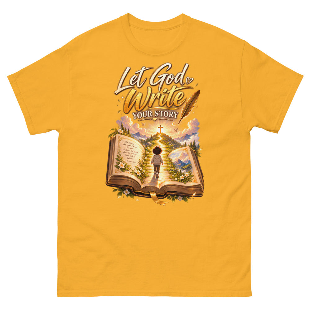 Open Bible with a child walking toward a cross and the words Let God Write Your Story on a Gold shirt