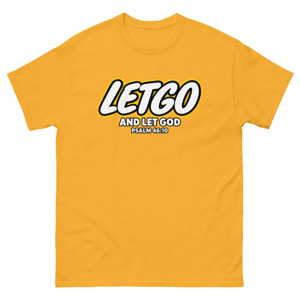 Toy brick logo parody reading Letgo and Let God, Psalm 46:10 on a Gold shirt