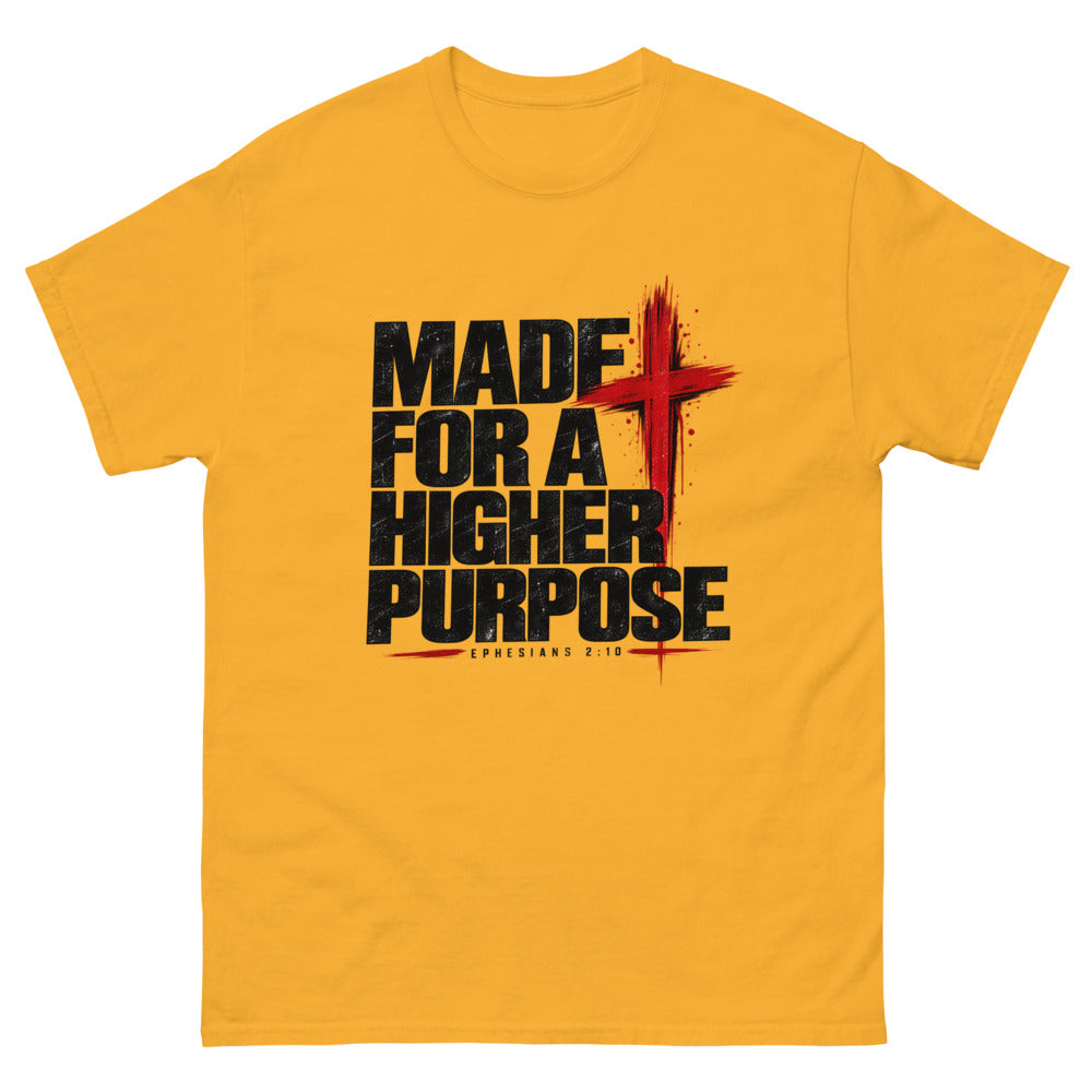Heavy black caps with a red brush cross reading Made For A Higher Purpose on a Gold shirt