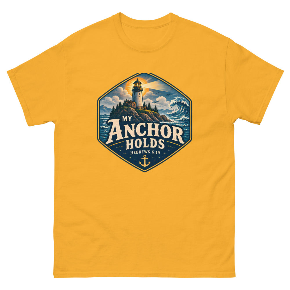 Navy hexagon badge with a lighthouse and wave reading My Anchor Holds on a Gold shirt