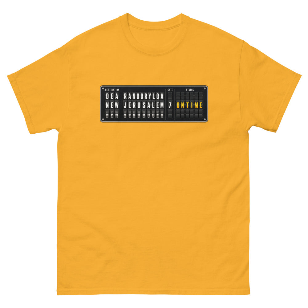 Split flap departure board reading New Jerusalem, gate 7, on time on a Gold shirt