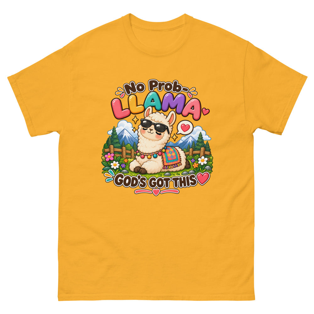 Cartoon llama in sunglasses with the words No Prob-Llama God's Got This on a Gold shirt