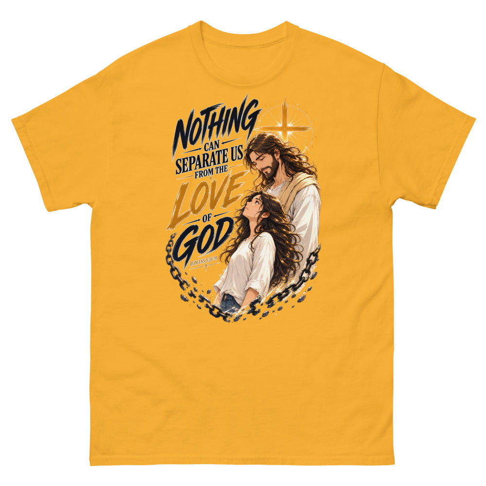 Anime illustration of Jesus and a young woman with broken chains and the words Nothing Can Separate Us From The Love Of God on a Gold shirt