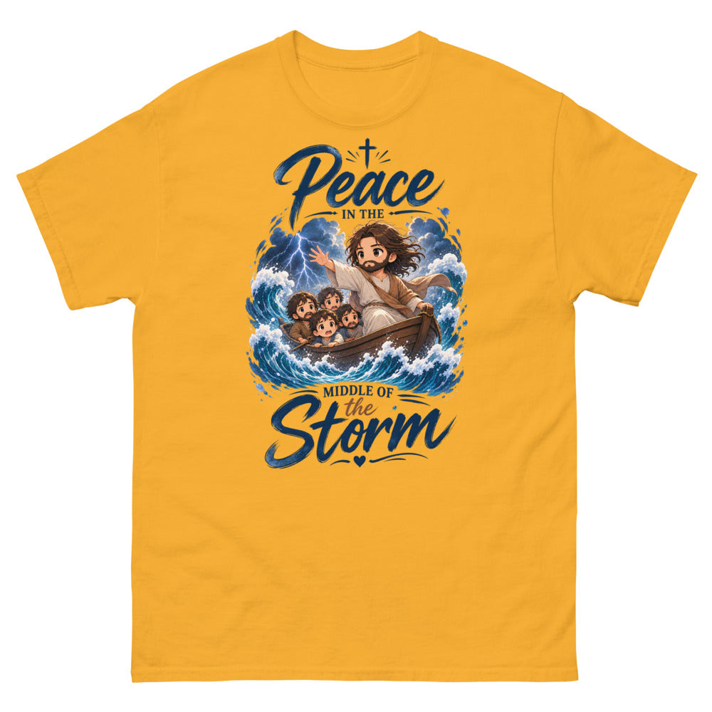 Chibi Jesus calming a storm in a boat with the words Peace In The Middle Of The Storm on a Gold shirt