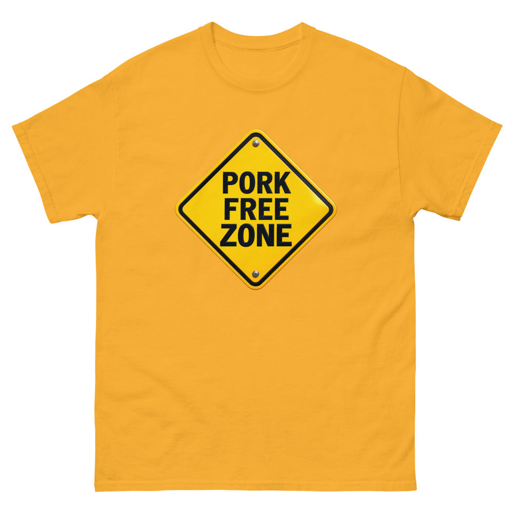 Yellow diamond road sign reading Pork Free Zone on a Gold shirt