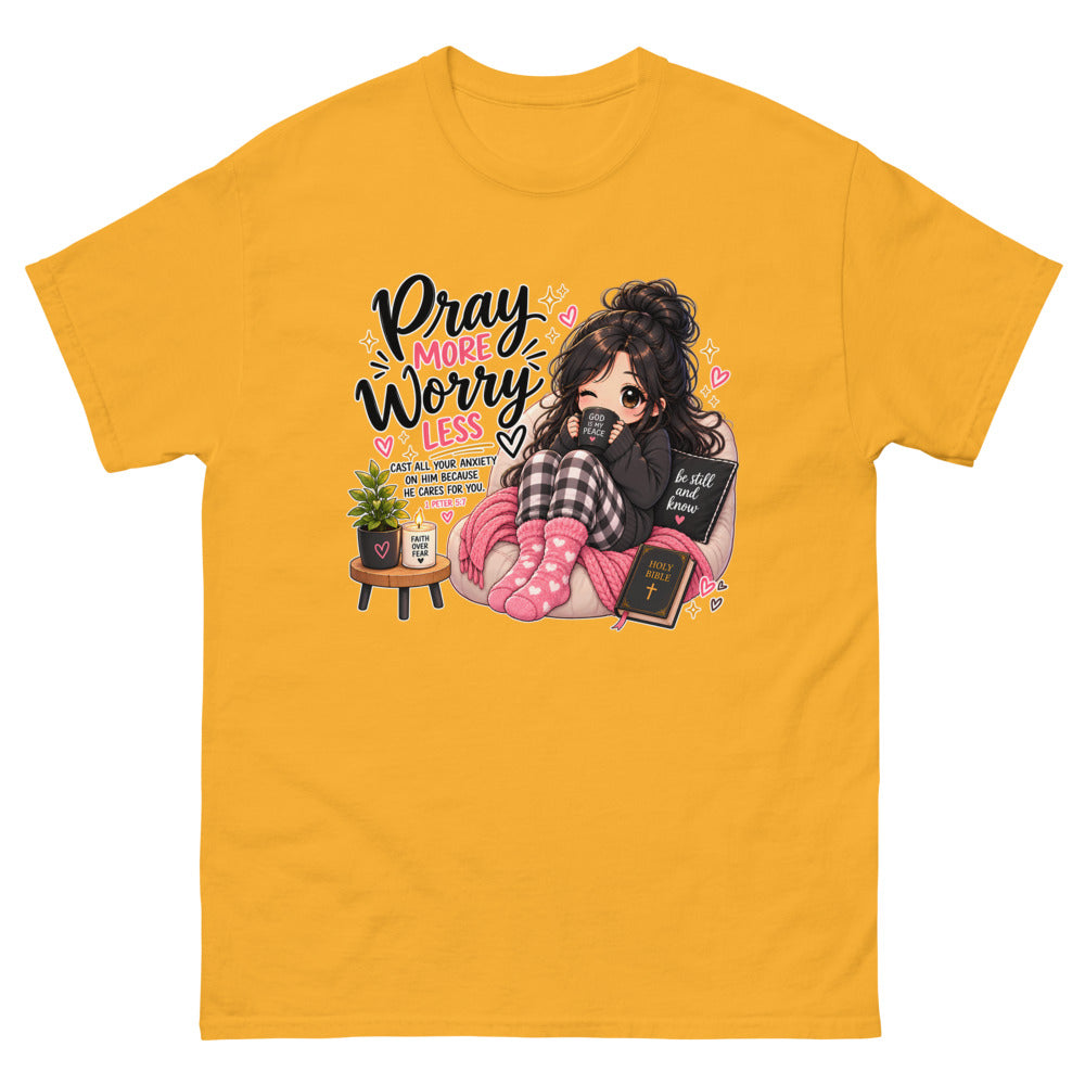 Cozy chibi girl with a mug and Bible with the words Pray More Worry Less on a Gold shirt