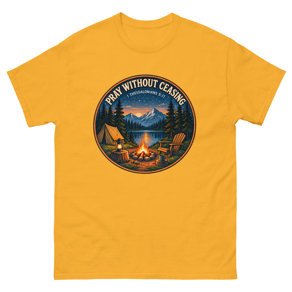 Round campfire and tent badge at night reading Pray Without Ceasing on a Gold shirt