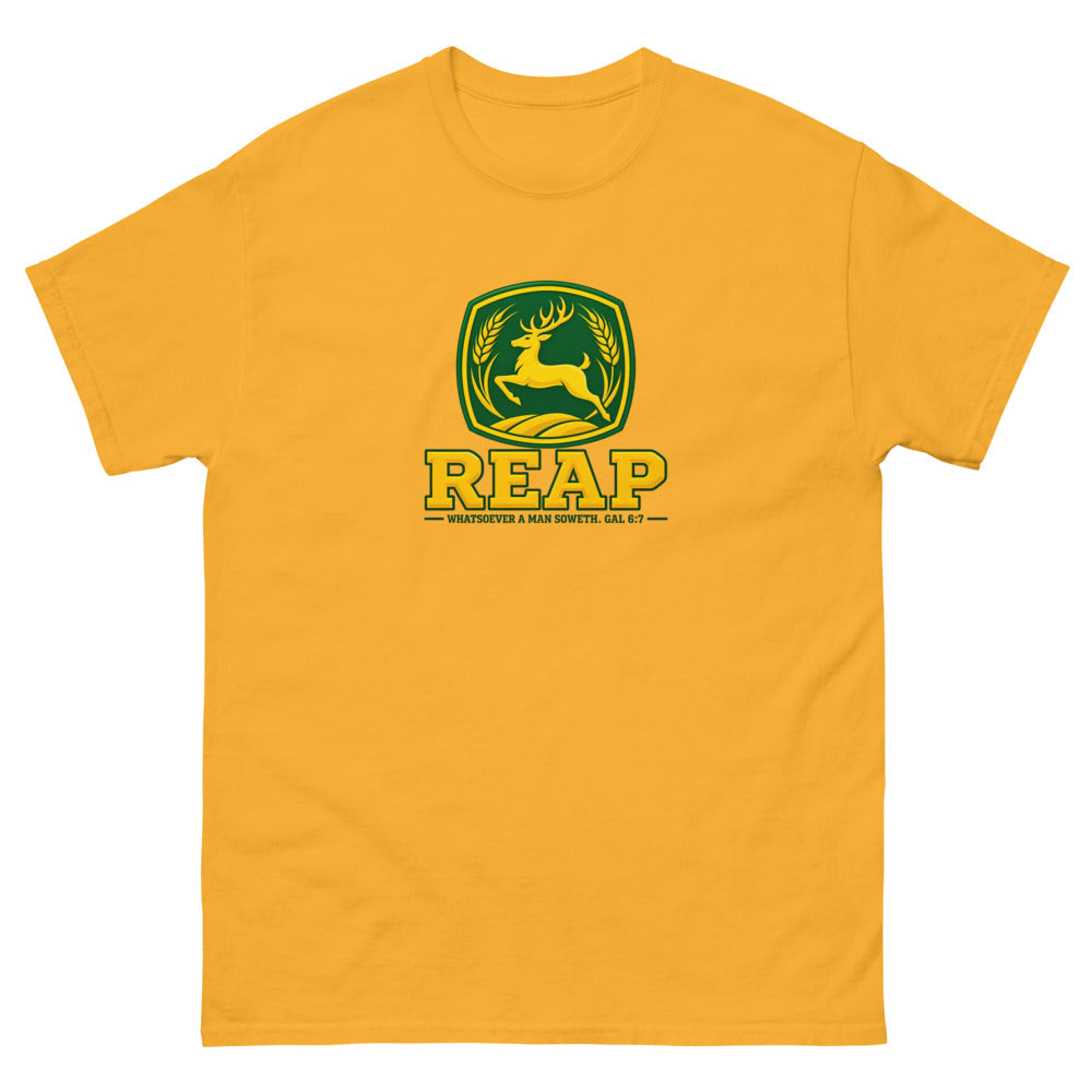 Green and gold crest with a leaping deer and wheat reading Reap, Galatians 6:7 on a Gold shirt