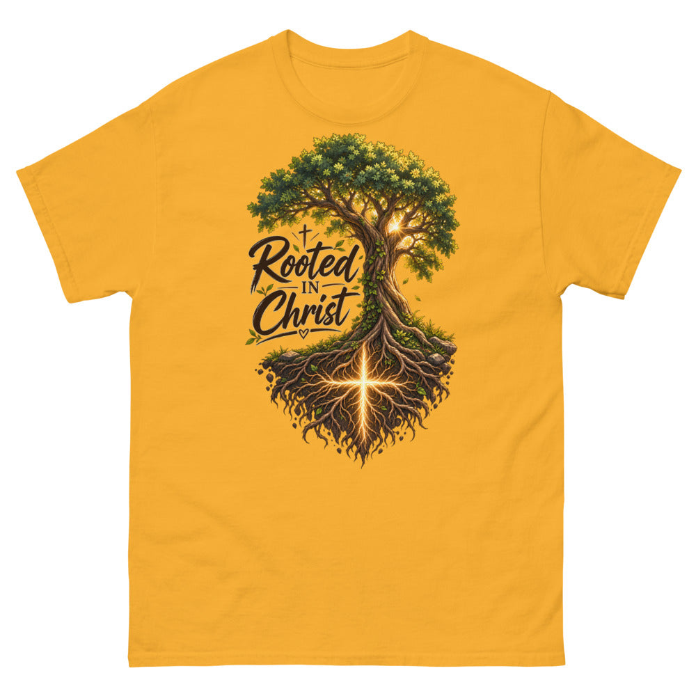 Detailed tree with a glowing cross in its roots and the words Rooted In Christ on a Gold shirt