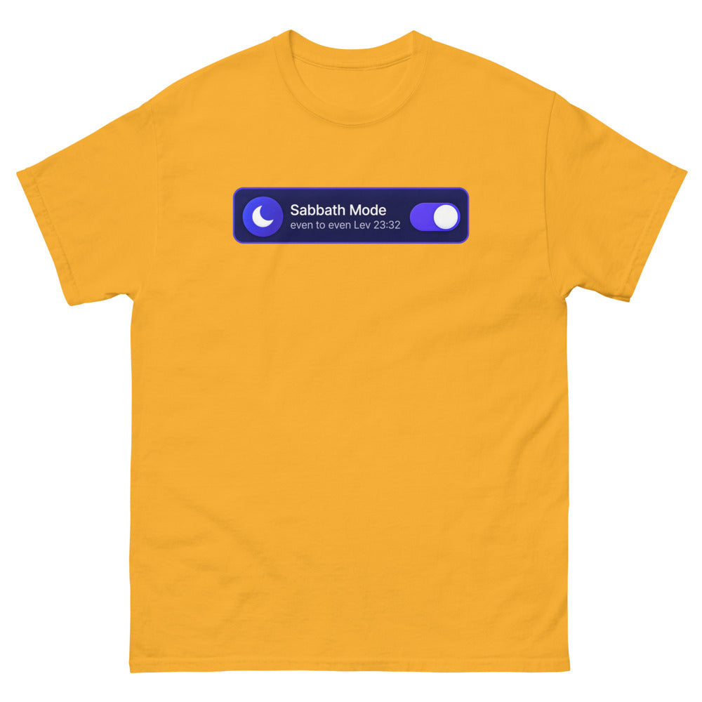 Phone settings toggle switched on reading Sabbath Mode, even to even on a Gold shirt