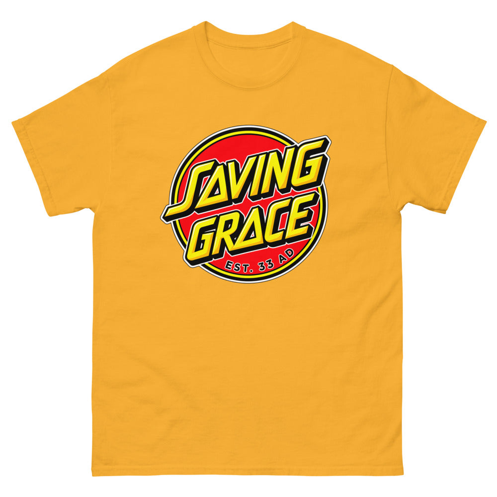 Red circle skate logo reading Saving Grace, Est. 33 AD on a Gold shirt