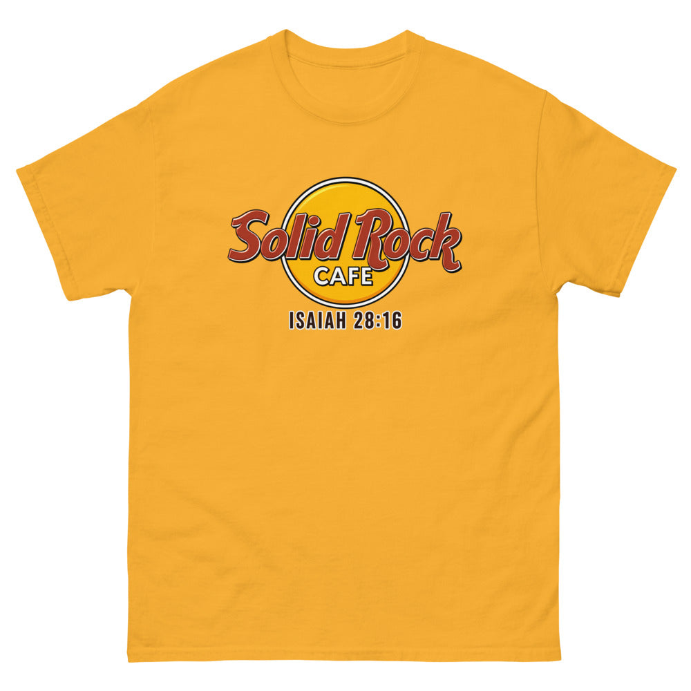 Gold roundel reading Solid Rock Cafe with Isaiah 28:16 on a Gold shirt