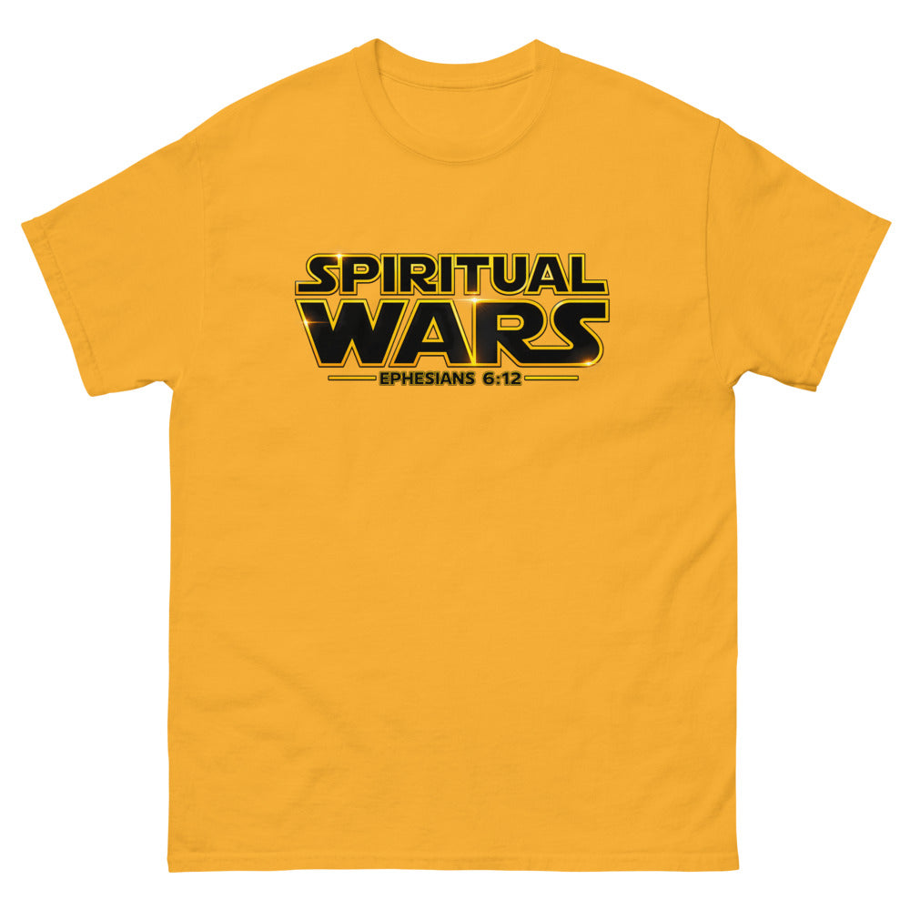 Film logo parody reading Spiritual Wars with Ephesians 6:12 on a Gold shirt
