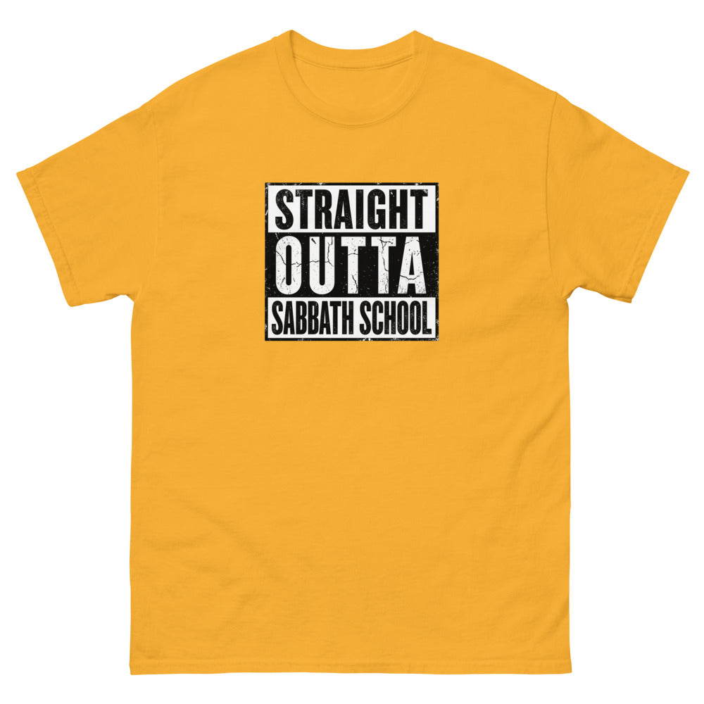 Distressed block lettering reading Straight Outta Sabbath School on a Gold shirt