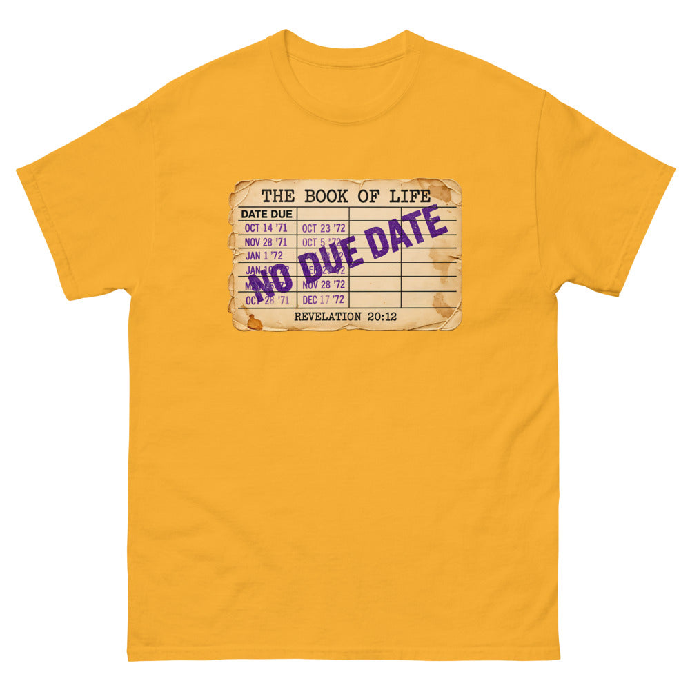 Vintage library due date card headed The Book Of Life stamped No Due Date on a Gold shirt