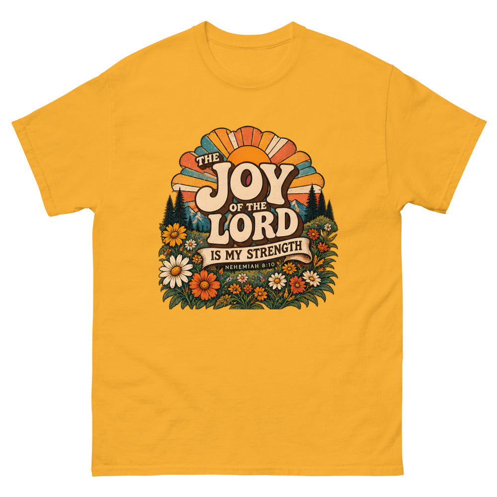 Retro sunburst and wildflowers reading The Joy Of The Lord Is My Strength on a Gold shirt
