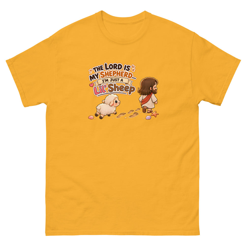 Chibi Jesus walking ahead of a little sheep with the words The Lord Is My Shepherd I'm Just A Lil Sheep on a Gold shirt