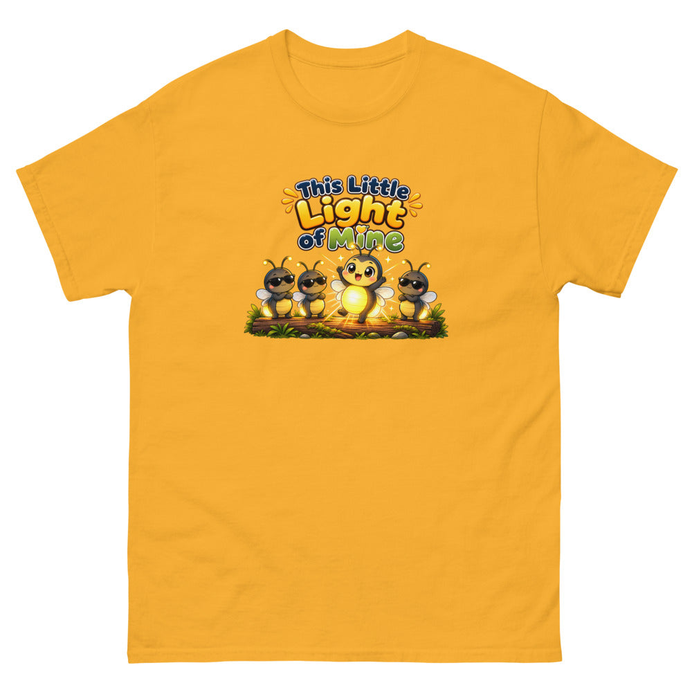 Glowing cartoon firefly with three others in sunglasses and the words This Little Light Of Mine on a Gold shirt