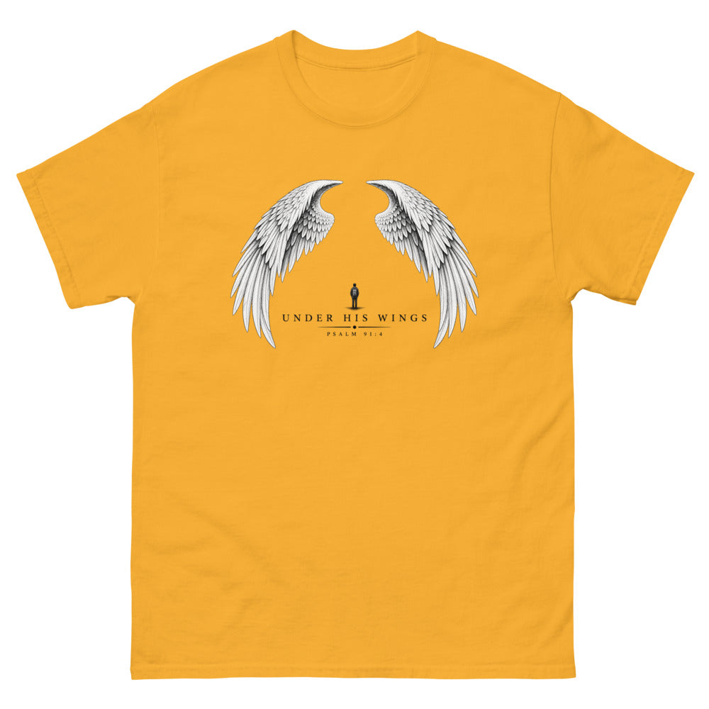 Line art angel wings with a small figure between them and the words Under His Wings on a Gold shirt