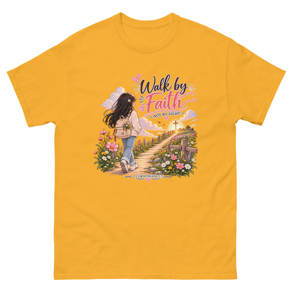 Chibi girl walking a flower-lined path toward a cross with the words Walk By Faith Not By Sight on a Gold shirt