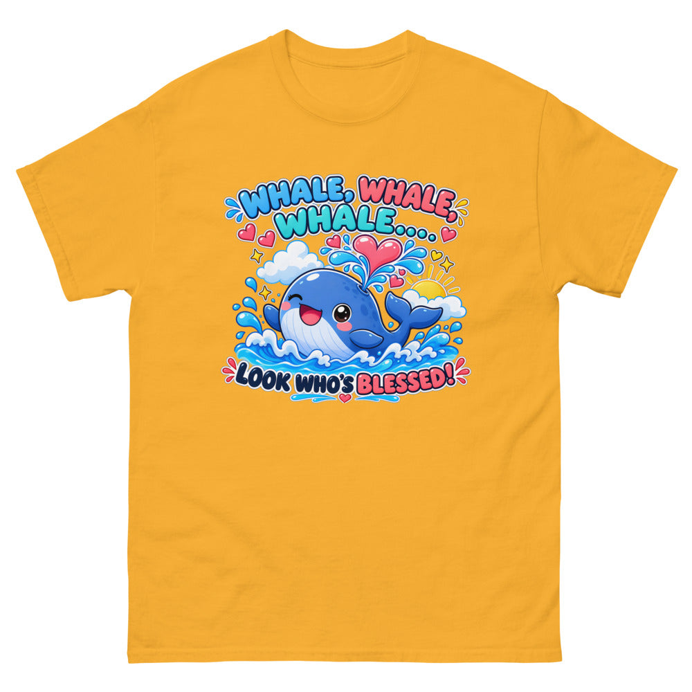 Cartoon whale spouting hearts with the words Whale Whale Whale Look Who's Blessed on a Gold shirt