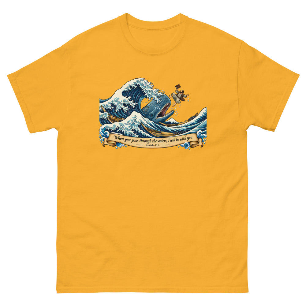 Woodblock style great wave with Jonah and a whale and the words When you pass through the waters I will be with you on a Gold shirt