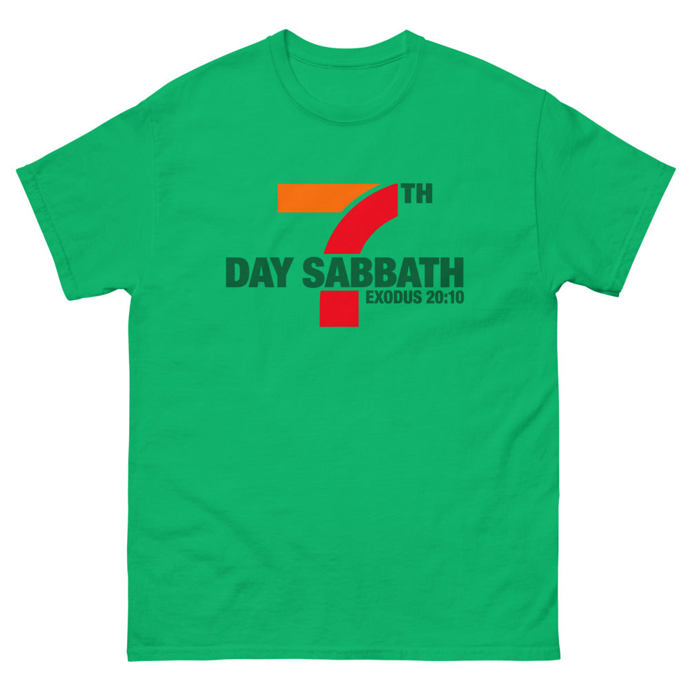 Orange red and green sign parody reading 7th Day Sabbath, Exodus 20:10 on a Irish Green shirt