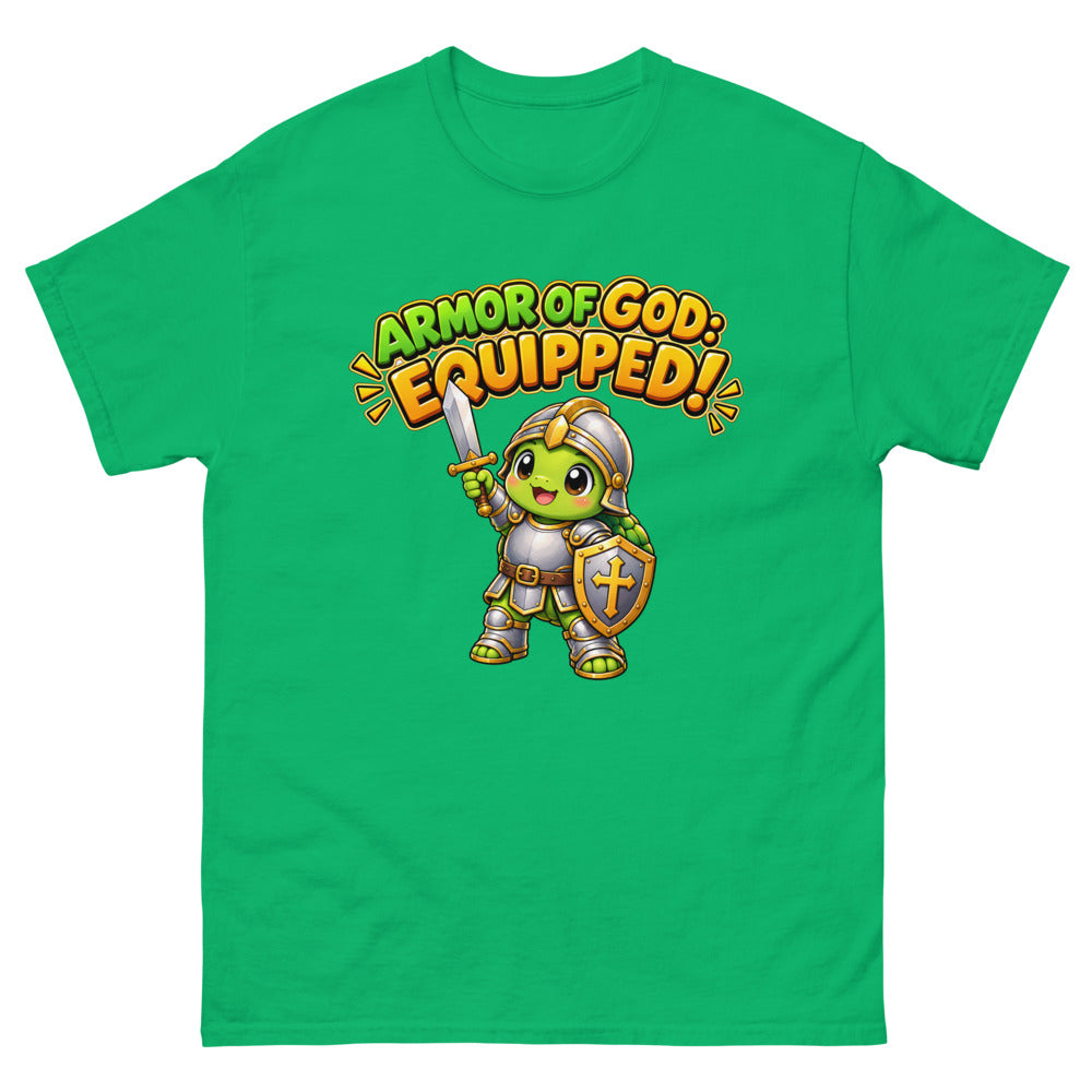 Cartoon turtle in knight armor with sword and shield and the words Armor Of God Equipped on a Irish Green shirt