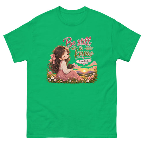 Chibi girl in a flower field holding a Bible with the words Be Still And Know on a Irish Green shirt