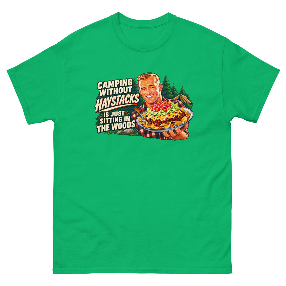 Retro illustration of a camper holding a plate of haystacks with the words Camping Without Haystacks Is Just Sitting In The Woods on a Irish Green shirt