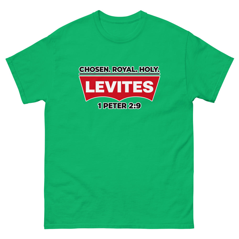 Red batwing patch reading Levites with Chosen Royal Holy and 1 Peter 2:9 on a Irish Green shirt