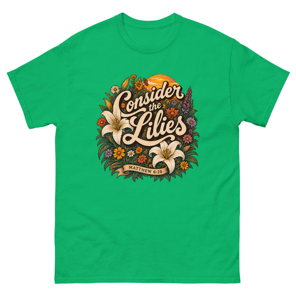 Retro floral illustration with lilies reading Consider The Lilies on a Irish Green shirt