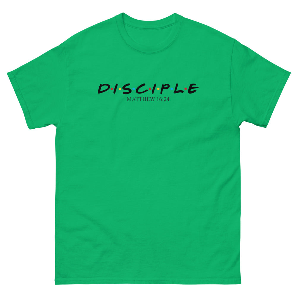 Sitcom style title lettering with coloured dots reading Disciple, Matthew 16:24 on a Irish Green shirt