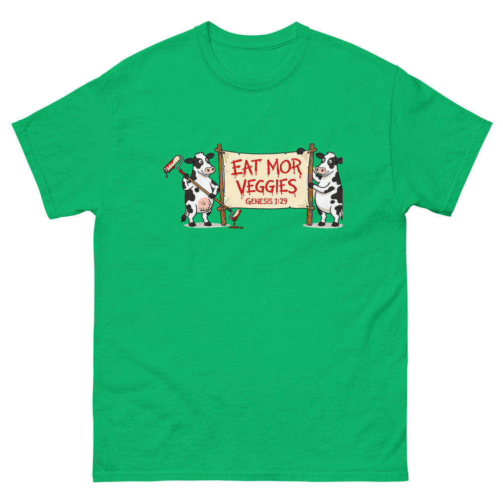 Two cartoon cows holding a banner reading Eat Mor Veggies, Genesis 1:29 on a Irish Green shirt