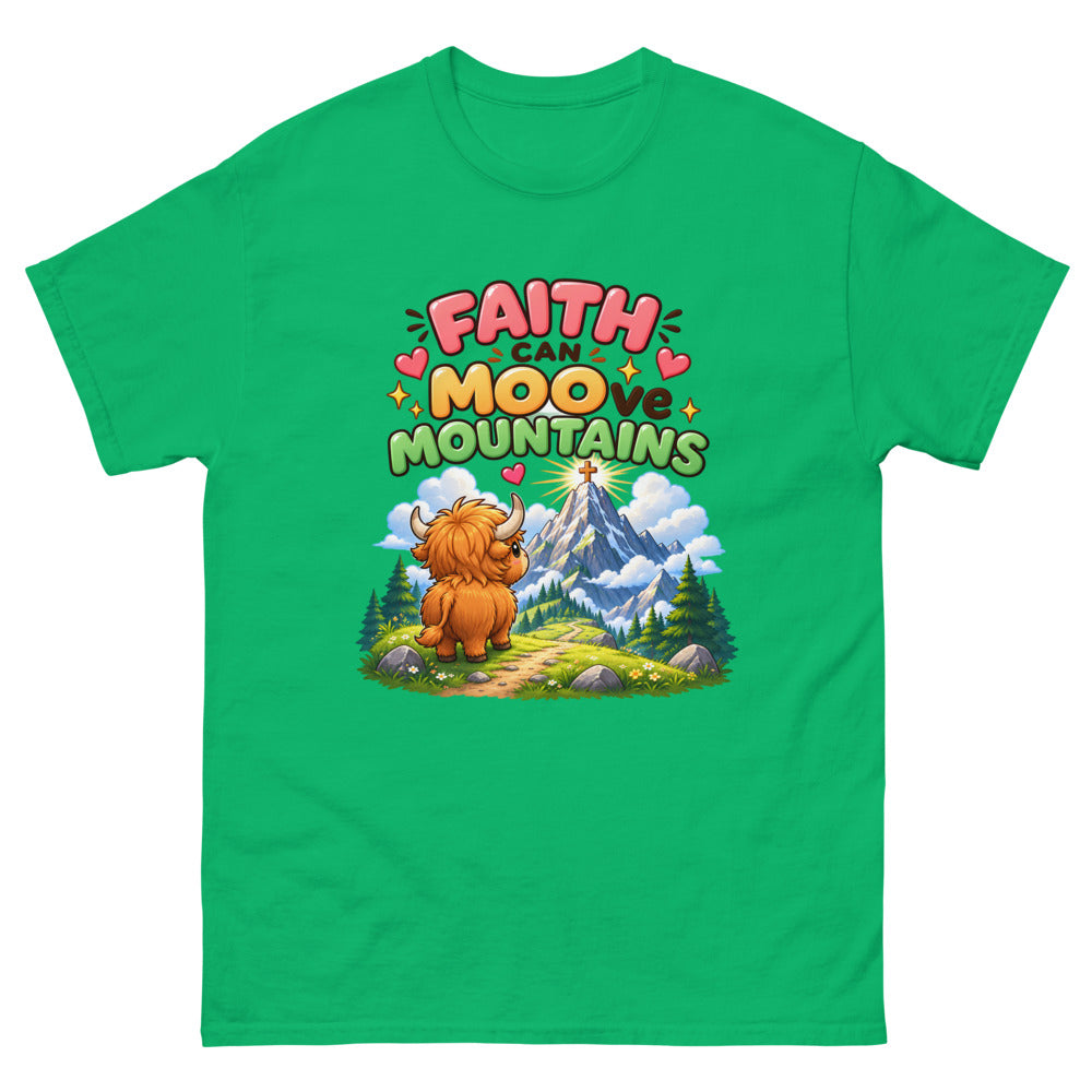 Cartoon highland cow looking at a mountain with the words Faith Can Moo-ve Mountains on a Irish Green shirt