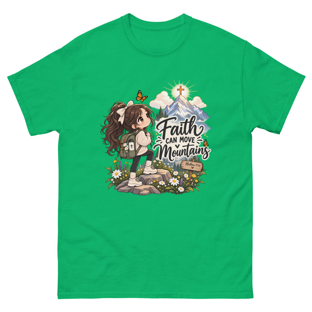 Chibi hiker girl looking at a mountain with a cross and the words Faith Can Move Mountains on a Irish Green shirt