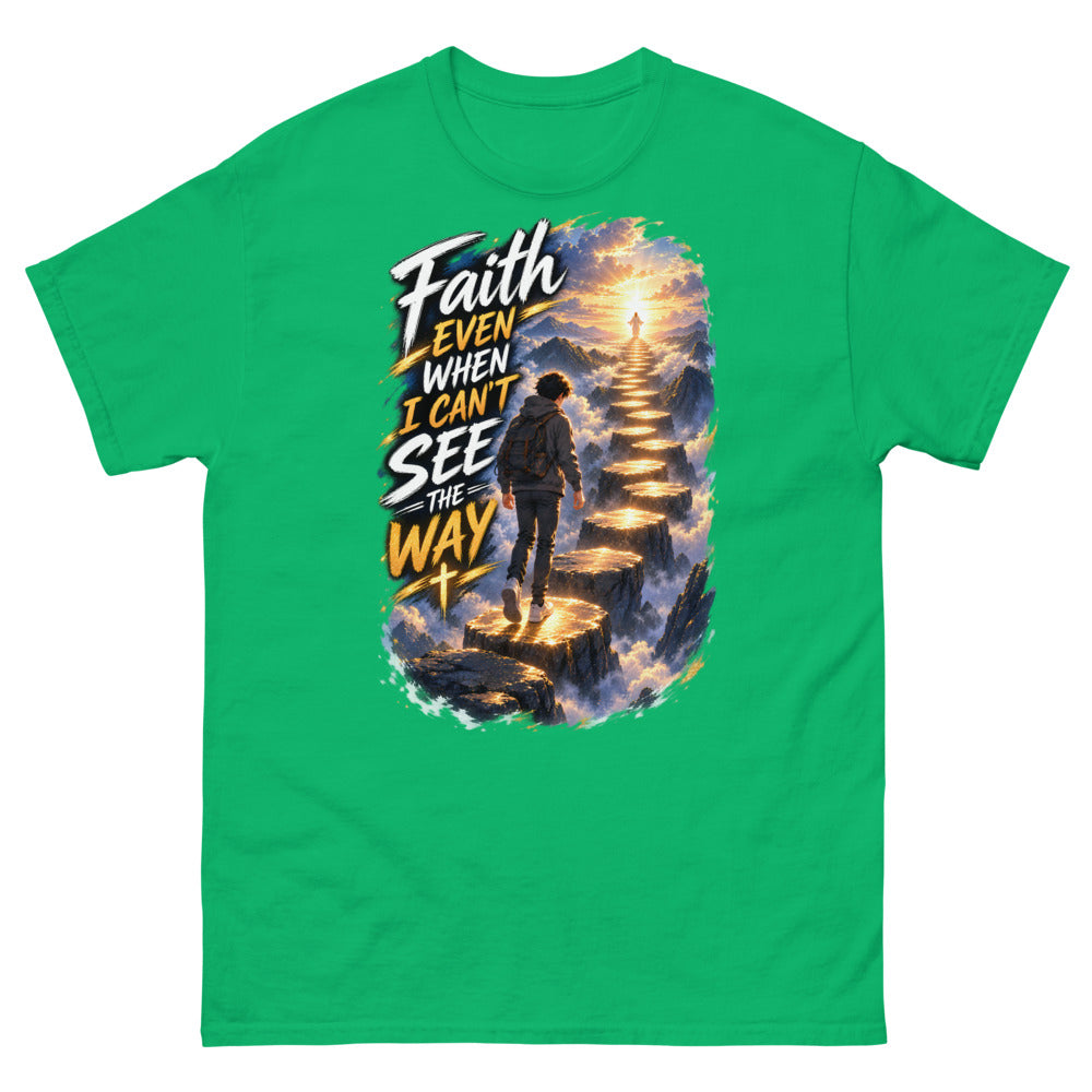 Anime boy climbing a glowing stairway in the clouds with the words Faith Even When I Can't See The Way on a Irish Green shirt