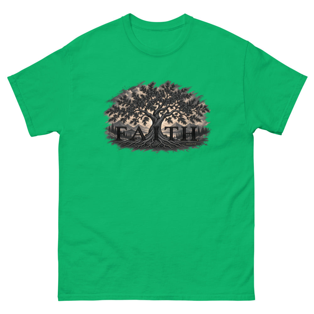 Engraved tree growing through the word Faith with Matthew 17:20 on a Irish Green shirt