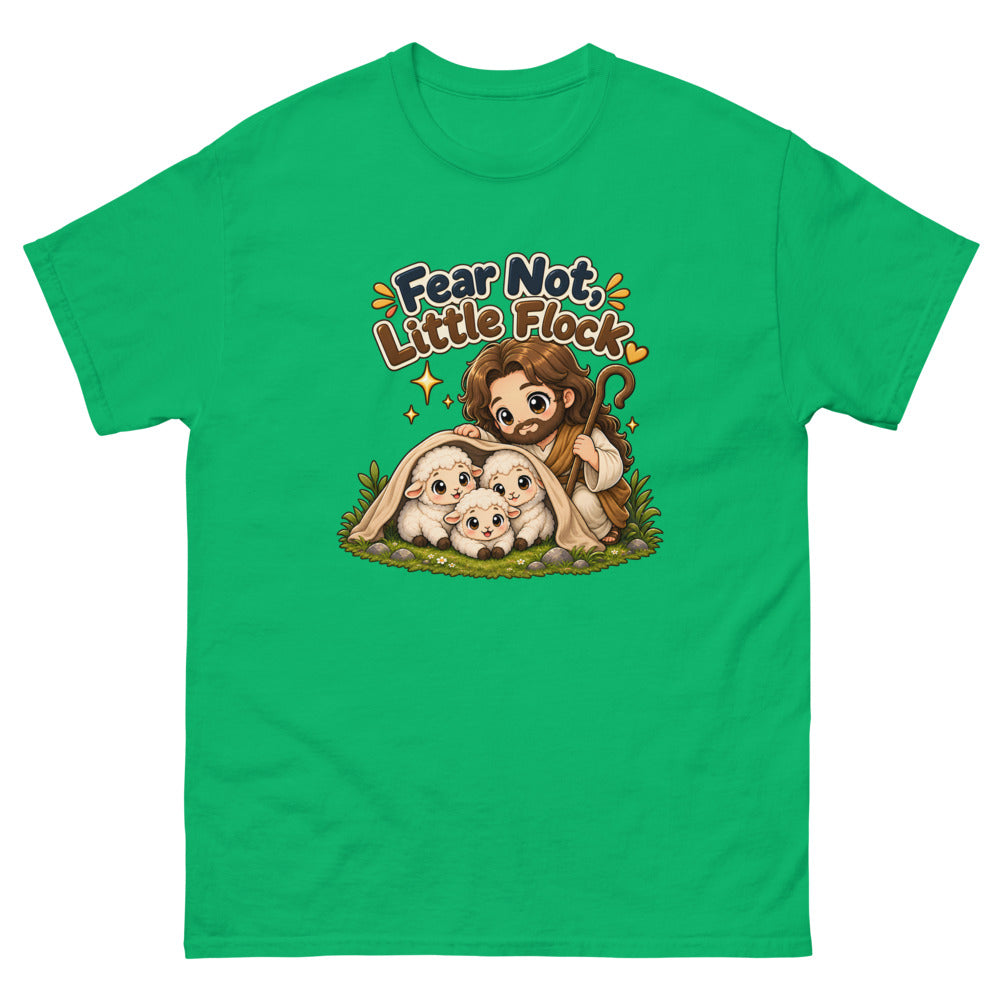 Chibi Jesus tucking a blanket around three sheep with the words Fear Not Little Flock on a Irish Green shirt