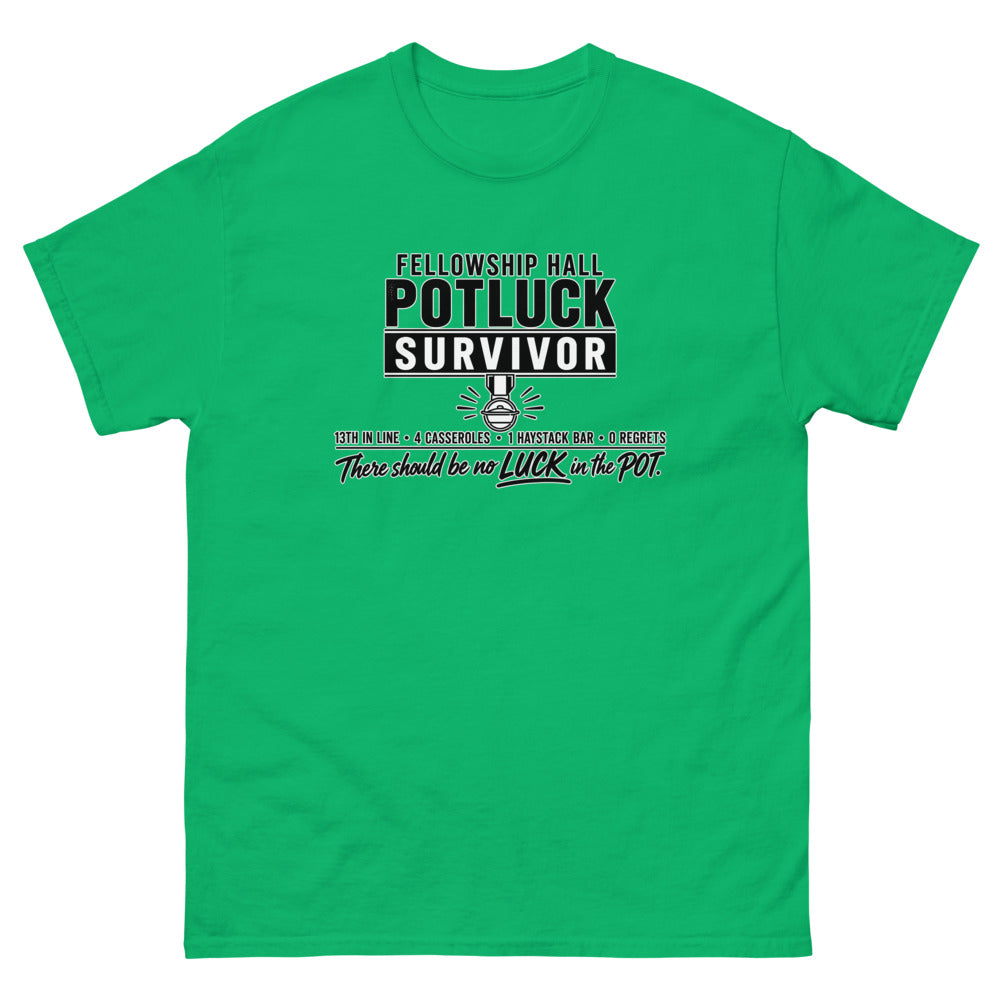 Military style badge reading Fellowship Hall Potluck Survivor with a medal on a Irish Green shirt
