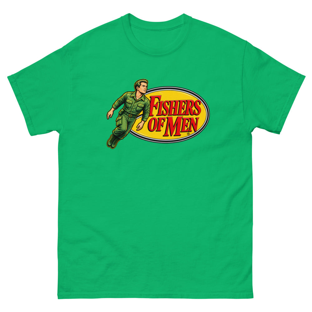 Action figure toy logo parody with a figure leaping from a yellow oval reading Fishers of Men on a Irish Green shirt