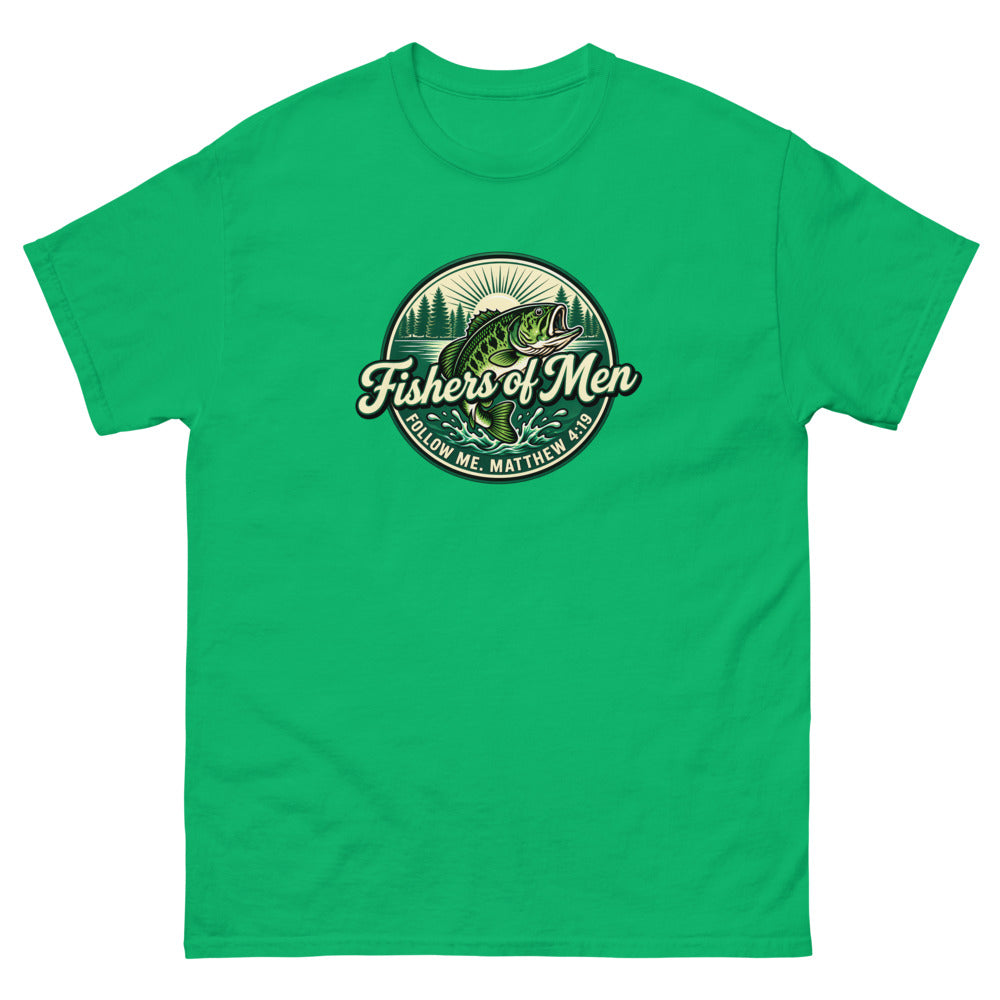 Green circular badge with a leaping bass reading Fishers of Men, Matthew 4:19 on a Irish Green shirt