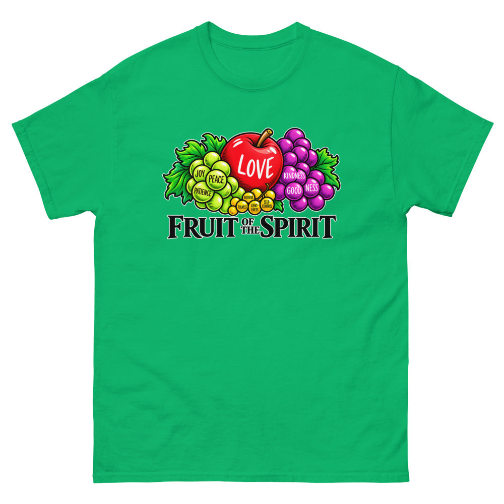 Illustrated fruit labelled with the fruit of the spirit under the words Fruit Of The Spirit on a Irish Green shirt