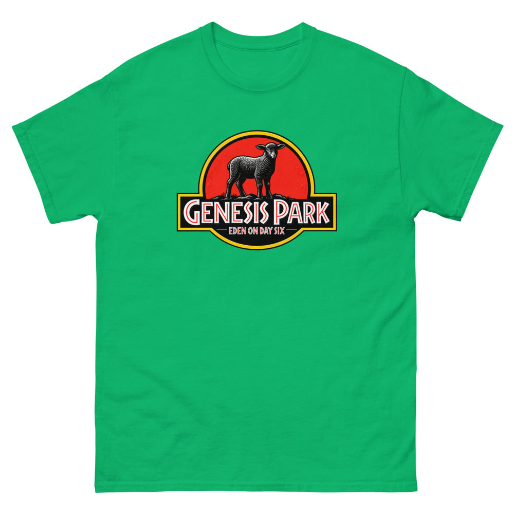 Movie logo parody with a lamb silhouette reading Genesis Park, Eden On Day Six on a Irish Green shirt