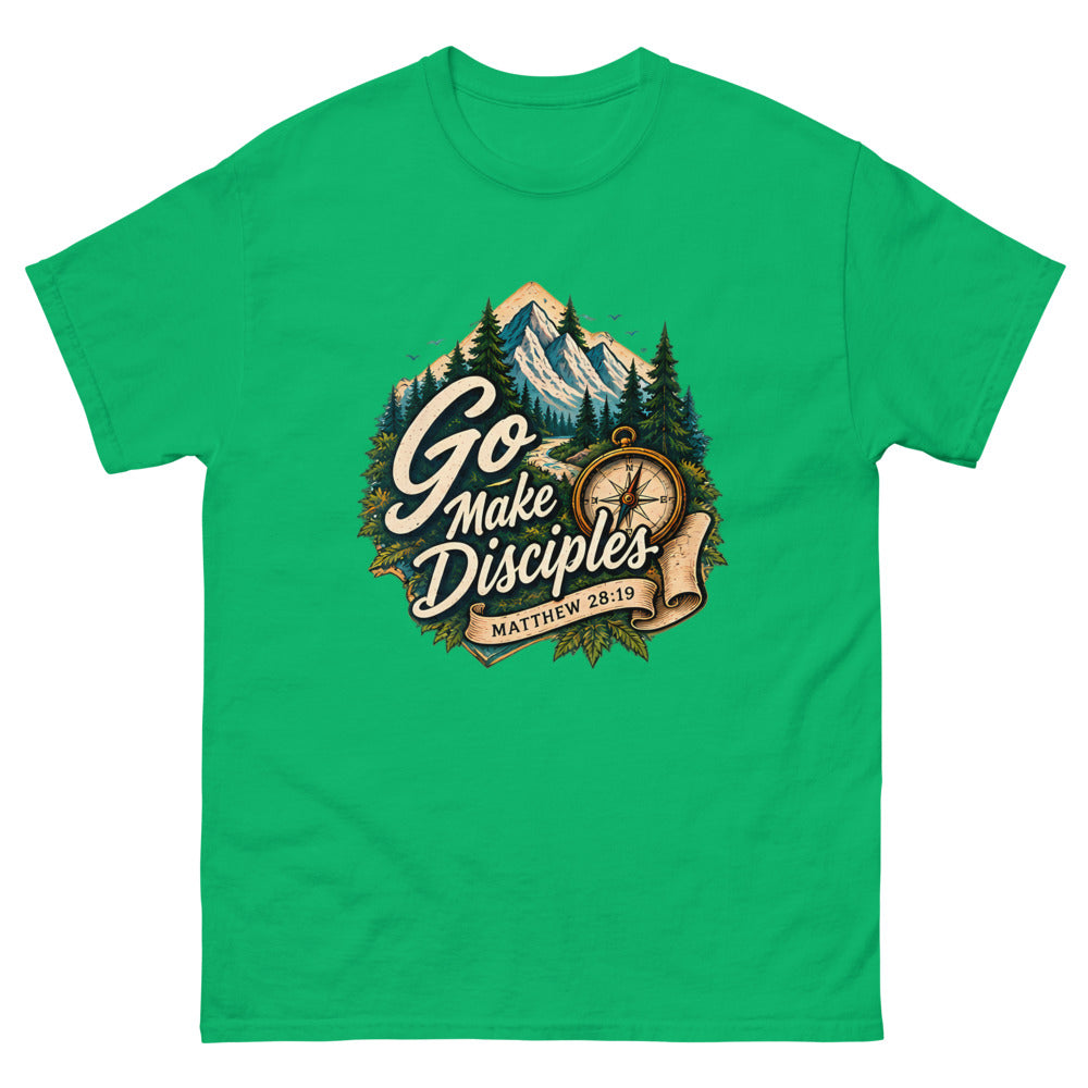 Compass over a mountain trail badge reading Go Make Disciples on a Irish Green shirt