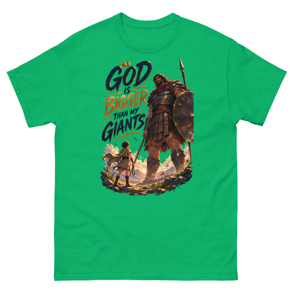 Anime David facing Goliath with the words God Is Bigger Than My Giants on a Irish Green shirt